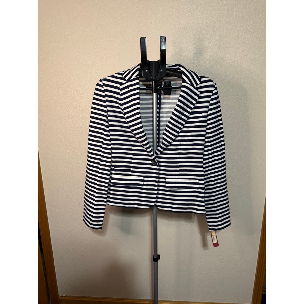 Merona Womens Navy‎ Blue White Striped Knit Blazer Jacket Small NWT